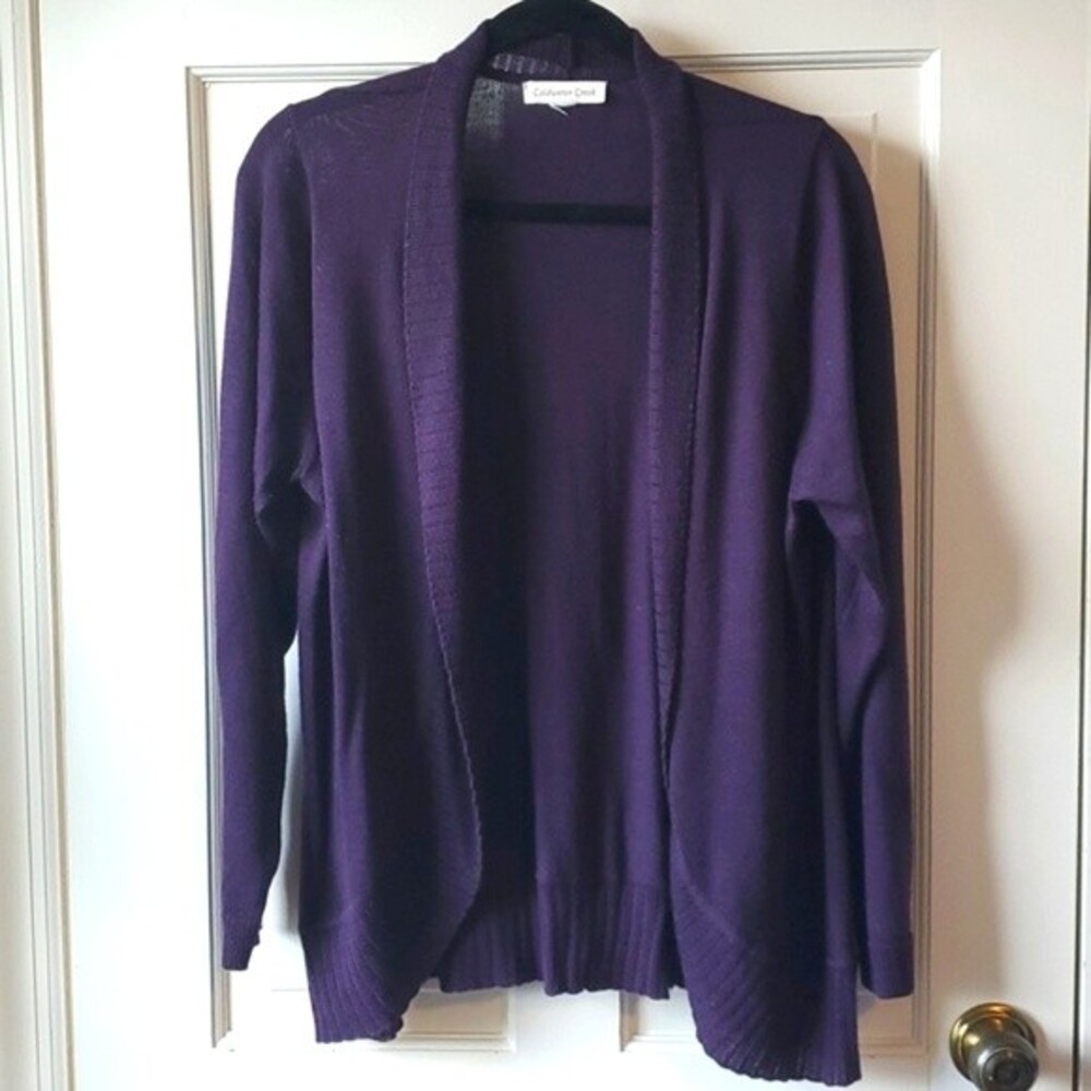 COLDWATER CREEK PLUM PURPLE OPEN FRONT CARDIGAN SWEATER MERINO WOOL LARGE OR XL